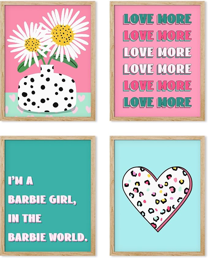 SIGNWIN Framed I'm a Barbie Girl in The Barbie World Wall Art, Set of 4 Heart, Chrysanthemum Illustration Wall Decor Prints, Preppy Room Decor Wall Décor for Living Room, Bedroom - 8"x10" Natural