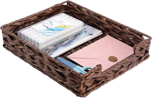 BTSKY Plastic A4 Paper Tray Organizer for Desktop Accessories, Hand-Woven File Holder with Sturdy Frame, All-in-One Storage for Letters, Magazines and Notebooks, Office and Home Supplies, Brown