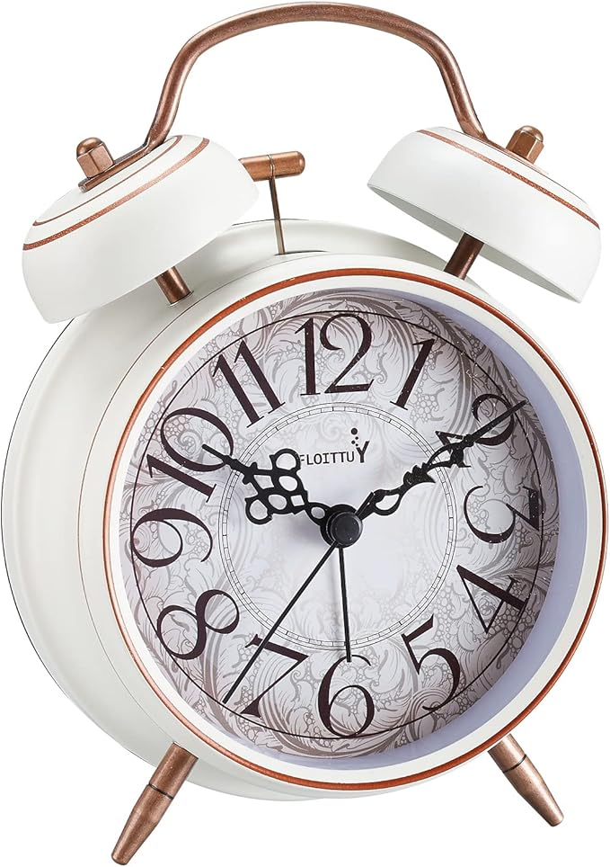 FLOITTUY Loud Alarm for Deep Sleepers 4'' Retro Twin Bell Alarm Clock with Backlight for Bedroom and Home Decoration(Retro White)