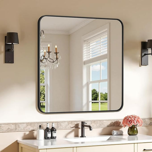 Bathroom Mirrors for Over Sink 30" x 30", Black Metal Frame Rounded Corner Rectangle Wall Mirror, Modern Farmhouse Vanity Mirror(Horizontal/Vertical)