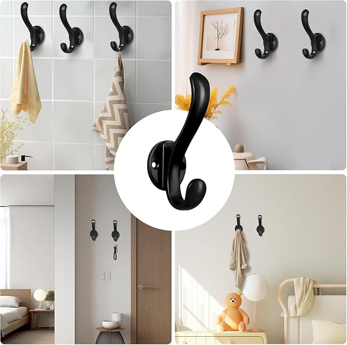 8 Pack Coat Hooks Wall Mount Heavy Duty Utility Retro Double Hooks for Hanging Coats,Hat, Towel, Key, Robe, Scarf, Bag, Cap (Black)