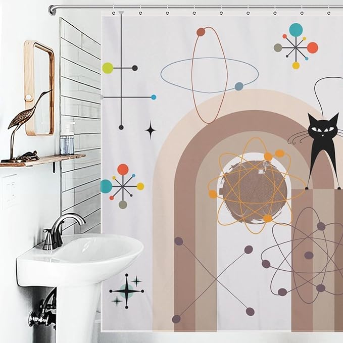 Atomic Cat Shower Curtain,Mid Century Modern Funny Black Cat Geometric Arched Abstract Modern Art Minimalist Boho Bathroom Curtain Polyester Waterproof Fabric Decor 72x72in（183x183cm）