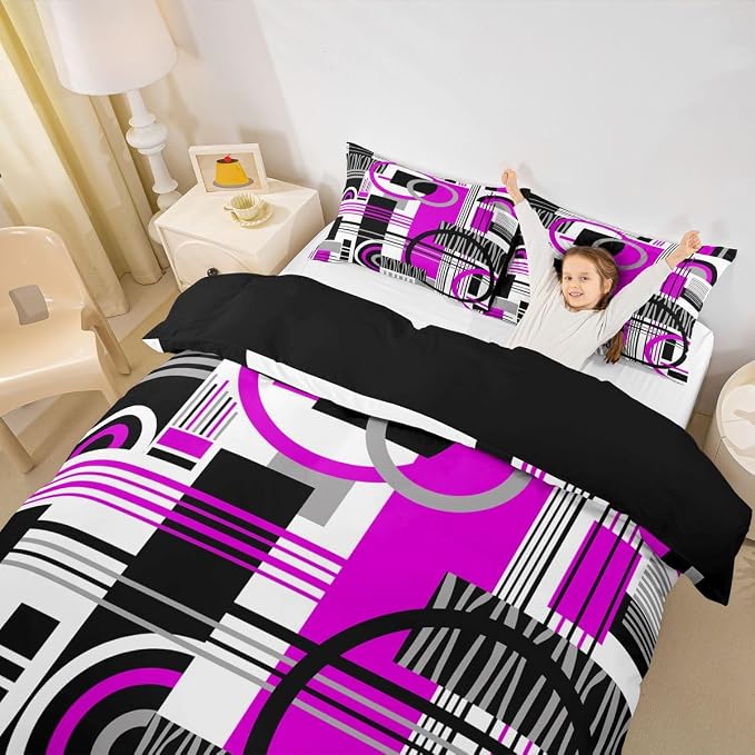 Art Deco Mid Century Duvet Cover Set Retro Modern Abstract Geometric Full Size Bedding Sets for Kids Teens Child Black and White Purple Circles Stripes Comforter Cover Contemporary Bed Set