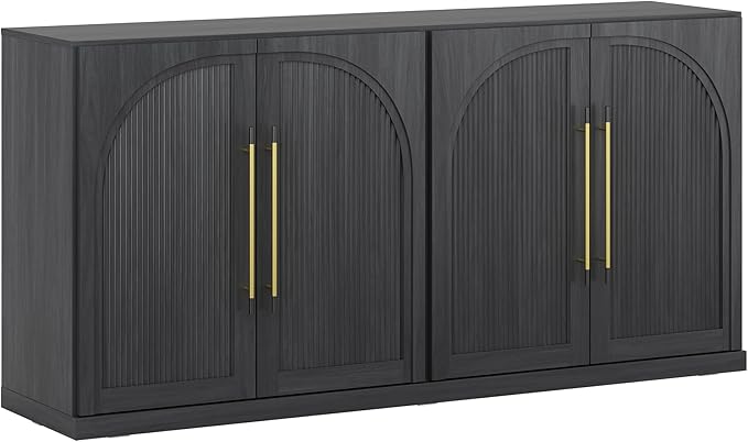 BELLEZE 65 Inch Sideboard Cabinet with Double-Arc Wood Doors, Large Buffet Cabinet with Storage and Adjustable Shelves, Classic Modern Console Table for Dining Room Living Room Entryway (Ebony)