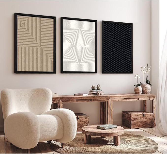 Abstract Modern Wall Decor Art Set of 3 Boho Neutral Canvas Wall Art Beige Minimalist Line Wall Art Decor Brown Black Art Modern Abstract Prints Pictures for Living Room Bedroom 12x16 Inch Framed