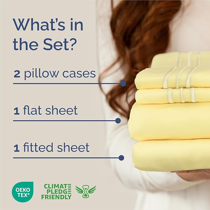 King Size 4 Piece Sheet Set - Comfy Breathable & Cooling Sheets - Hotel Luxury Bed Sheets for Women & Men - Deep Pockets, Easy-Fit, Extra Soft and Wrinkle Free Sheets - Yellow Oeko-Tex Bed Sheet Set