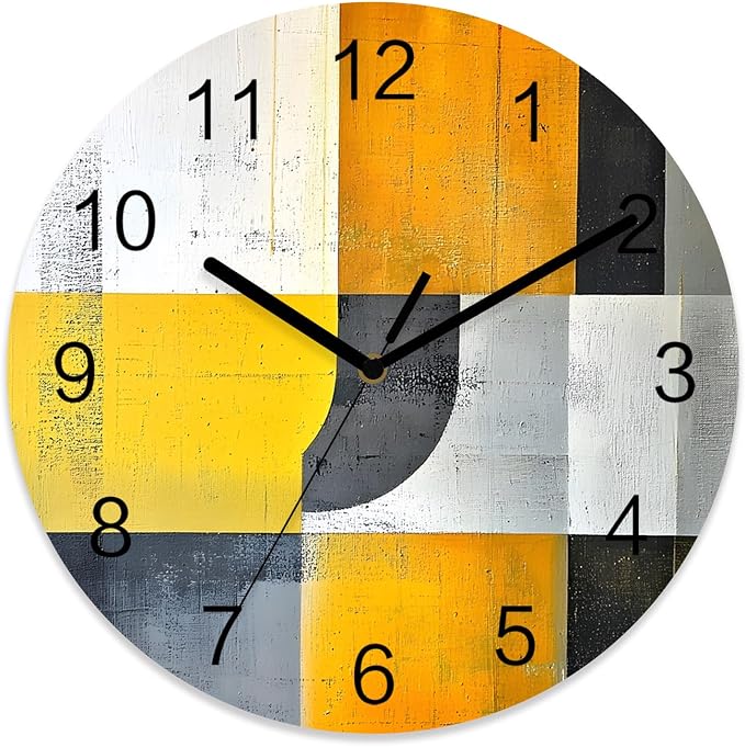 Abstract Style Wall Clock Battery Operated Non-Ticking 12" Round Wood Clocks, Gary Yellow Color Block Oil Painting Kitchen Wall Clock for School Bathroom Living Room Home Office Wall Decor