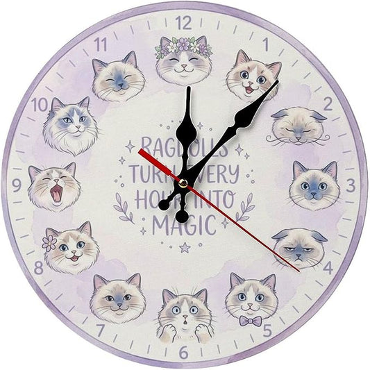 Whimsical Ragdoll Cat Faces Silent Non Ticking Wooden Wall Clock 10/12 Inch Kids Room Kitchen Office Decor Battery Powered Feline Art Home Gift
