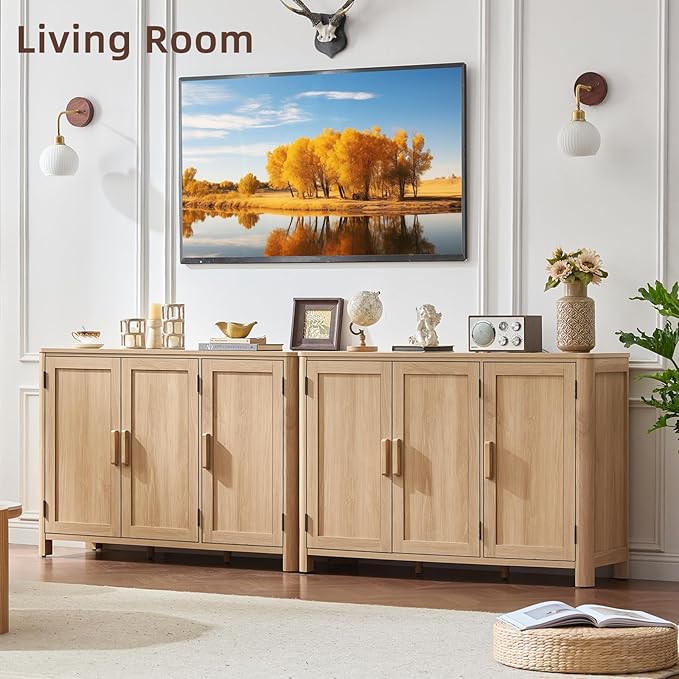 Joaxswe Sideboard Buffet Cabinet with Storage Set of 2, 46" Arc-Shaped Credenza with 3 Doors & Adjustable Shelves, Coffee Bar Cabinet for Kitchen, Living Room, Natural