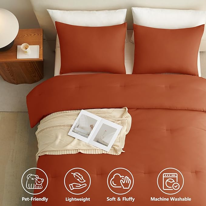 CozyLux California King Comforter Set Burnt Orange, 3 Pieces Cal King Lightweight Down Alternative Fall Bedding Sets, Terracotta All Season Solid Comforter with 2 Pillowcases, Bed Set Gift for Home