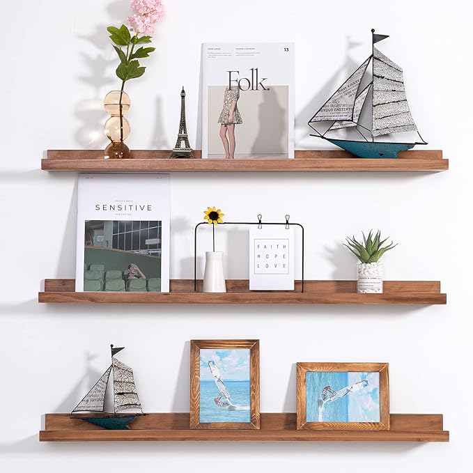 MBYD 48 Inch Wood Photo Picture Ledge Shelf, Light Walnut Wall Floating Nursery Book Shelves, Wall Mount Hanging Display Shelves for Bedroom Office Bathroom Living Room Décor, 3 Same Sizes