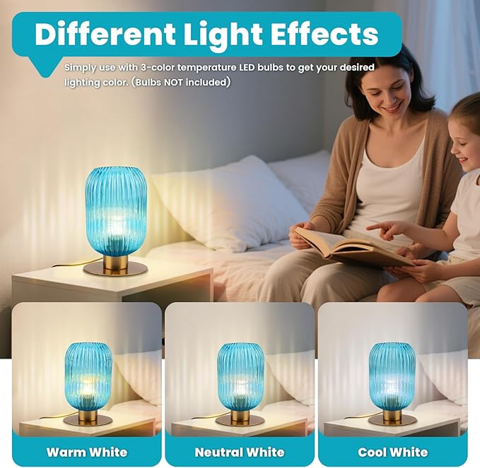 Nightstand Lamps Set of 2, Small Vintage Table Lamp with Gold Metal Base, Coastal Blue Glass Bedside Lamp Decorative Desk Lamp for Bedroom Living Room Study Room