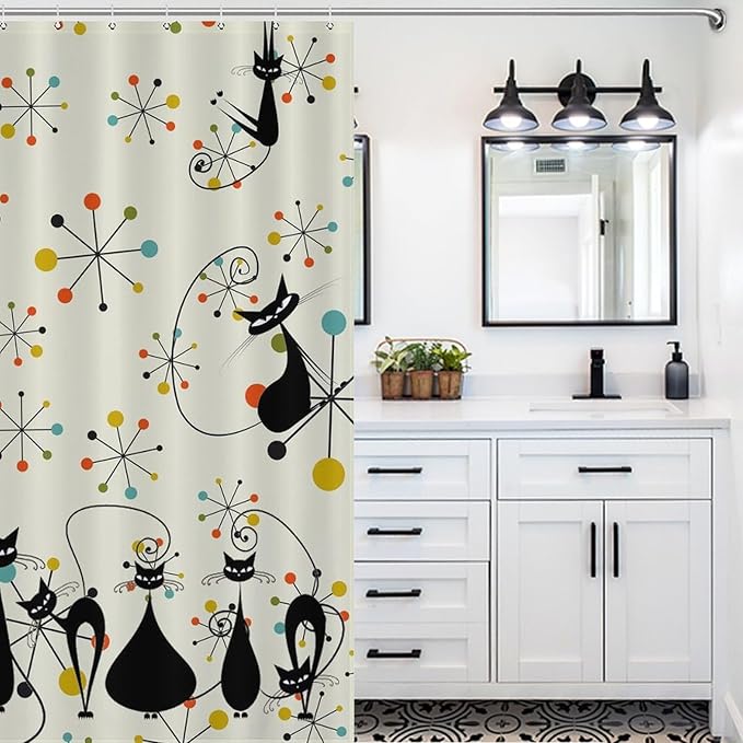 Mid Century Atomic Cat Shower Curtains, Atomic Abstract Geometric Cat Retro Pattern Waterproof Shower Curtains for Bathroom Decor 12 Pack Hooks 72x72in (183x183cm)
