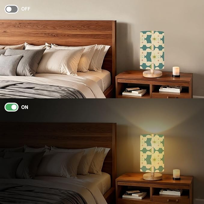 Bedside Table Lamp Retro Abstract Atomic Era Seamless Pattern 1950s 1960s 1970s modern 16-Way Dimmable Small Desk Lamp with Round Flaxen Fabric Shade for Nightstand Bedroom Living Room Home Decor