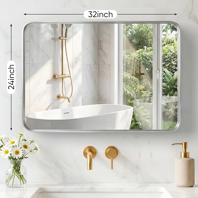 NEWBULIG 24X32 Inch Bathroom Mirror for Over Sink, Wall Vanity Mirrors Tempered Glass, Anti-Rust Metal Framed Rounded Rectangle, Hangs Horizontally or Vertically, Farmhouse Home Decor, Silvery