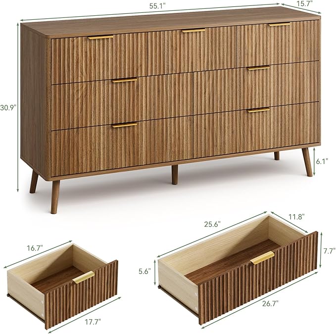 LYNSOM 55" Wide Fluted Dresser for Bedroom with 7 Drawer, Modern Chest of Drawers with Curved Profile Design and Metal Handles, Wood Dresser TV Stand & Storage Organizer for Living Room, Walnut