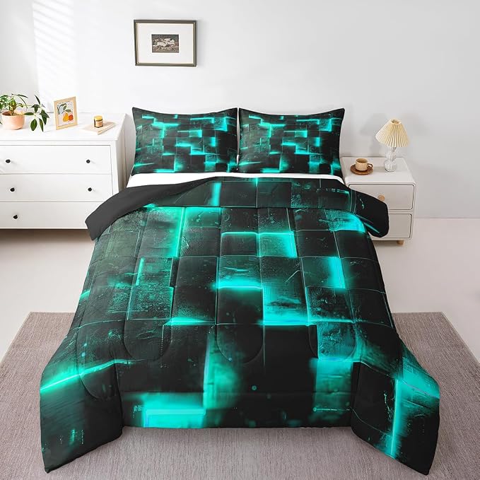 Erosebridal Black and Teal Comforter Set Twin Modern Abstract Twin Bedding, 3D Glowing Plaid Bedding Comforter Sets Gradient Grid Duvet, Neon Square Quilted Comforter 2pcs (Black Reversible)