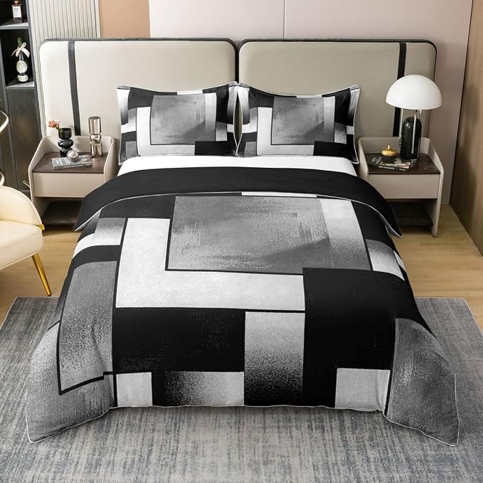 Erosebridal Black Grey Art Bedding Set Queen Modern Geometric Square 100% Cotton Duvet Cover Abstract Patchwork Comforter Cover for Kids Teens Adults Mid Century Modern Fashion Bed Set 3 Pcs