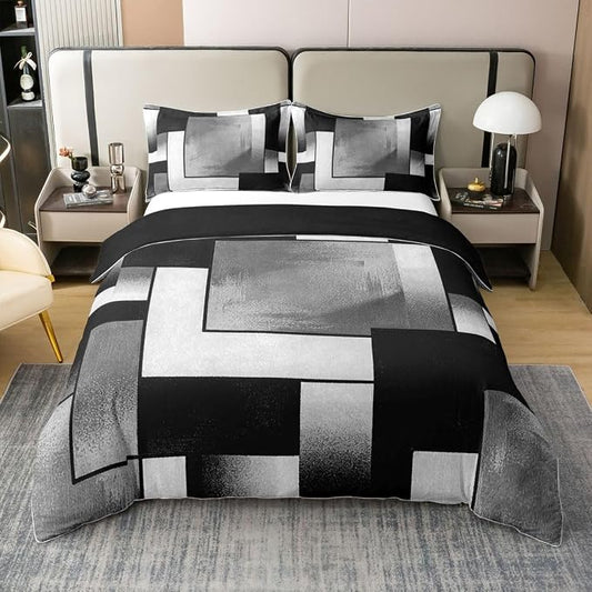 Erosebridal Black Grey Art Bedding Set King Modern Geometric Square 100% Cotton Duvet Cover Abstract Patchwork Comforter Cover for Kids Teens Adults Mid Century Modern Fashion Bed Set 3 Pcs