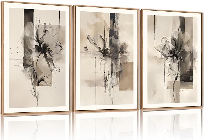 FWIEXA Large Black Beige Floral Canvas Wall Art Set 3, Neutral Abstract Florals Framed Prints, Brushstroke Geometry Line Paintings, 24x36In Watercolor Ink Artwork Poster for Farmhouse, Living Room, Bedroom, Office