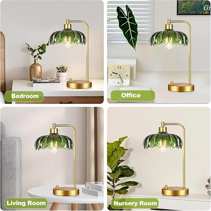 Glass Table Lamp Set of 2,Small Gold Bedside Lamps Dimmable Boho Bedroom Lamp with Tulip Flower Green Lamp Shade,Vintage Mid Century Modern Mini Nightstand Lamp for Bedroom Living Room