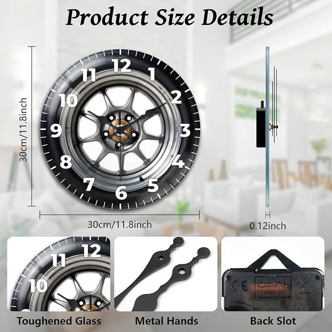 peacoblue Wall Clocks Battery Operated 12 Inch Car Tires Glass Round Wall Clock Non Ticking for Kitchen Living Room Dining Room Bedroom and Bathroom Decor Accessories (Battery not Included)