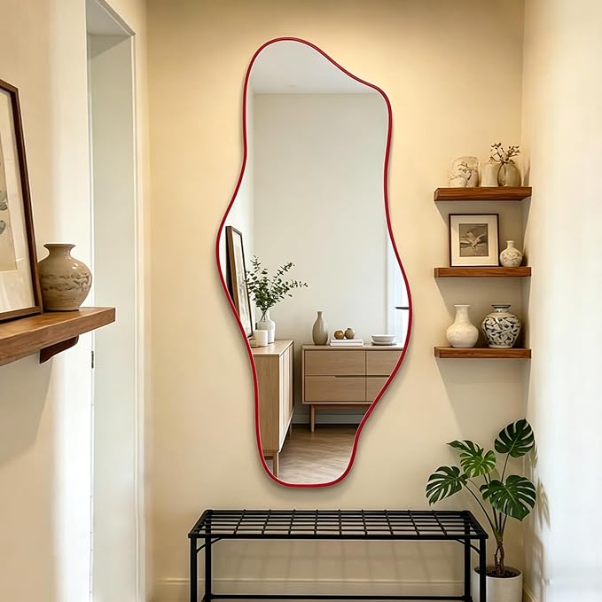 Large Irregular Wall Mirror, 63"x30" Red Asymmetrical Tempered Glass Mirror, Frameless Organic Shaped Mirrors for Entryway Hallway Bedroom Living Room, Horizontal or Vertical Hanging
