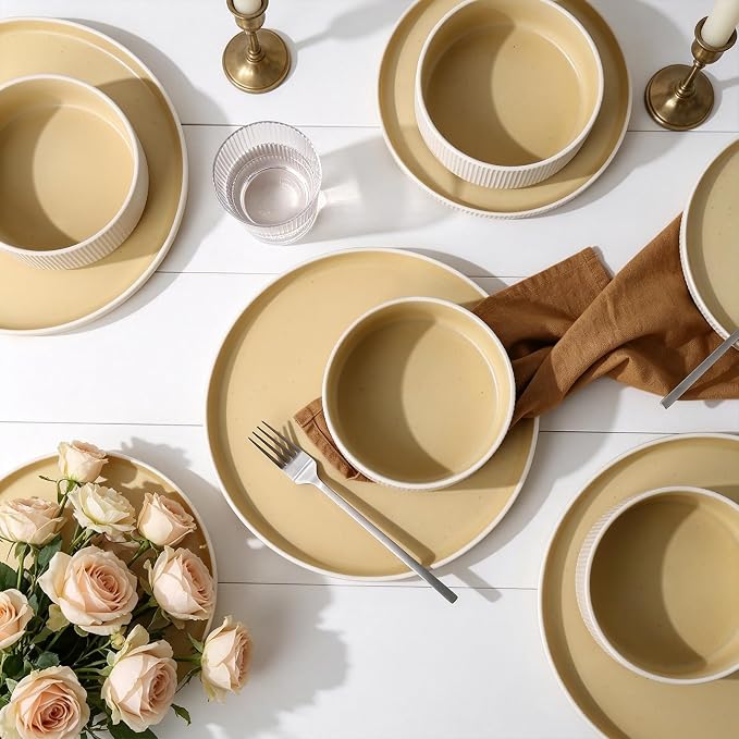 MONITO Ceramic Dinnerware Sets for 6, 18PCS Stoneware Plates and Bowls Sets, Reactive Glaze Dish Set, Chip and Scratch Resistant Double, Microwave and Dishwasher Safe, White Orange