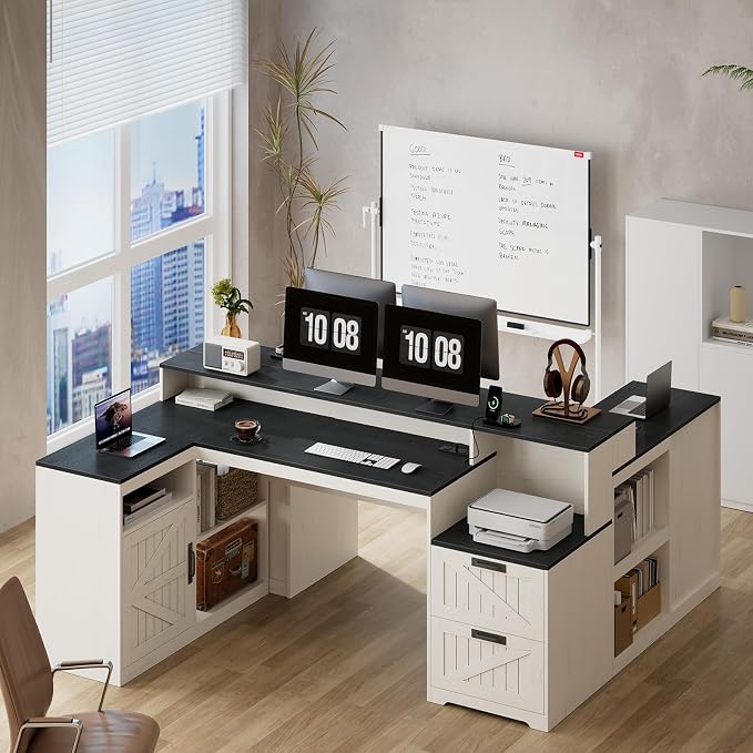 TVU Farmhouse L Shaped Desk with Drawers, 62.2" Home Office Desk with Storage Shelves and Power Outlet, L Shaped Computer Desk with Monitor Stand and Printer Shelf, Black and White