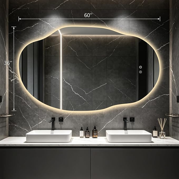 Asymmetrical Bathroom Mirror with Lights,Irregular LED Bathroom Vanity Mirror with Backlit,Anti-Fog,3 Colors and Dimmable Light with Memory,Hardwired Supported[Horizontal/Vertical] 60" H x 36" W