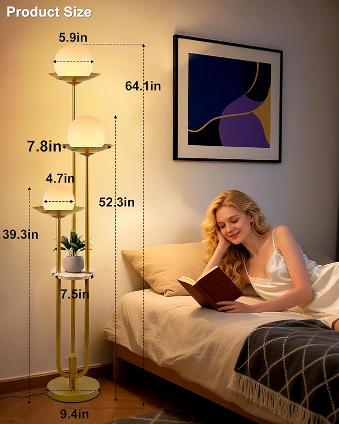 Lightdot 3-Light Globe Floor Lamp with Shelf Modern Dimmable Floor Lamps for Wedding/Party, 3000K Warm White Bulbs Included, Gold Tall Standing Lamp for Living Room/Bedroom/Sofa Beside/Corner Decor