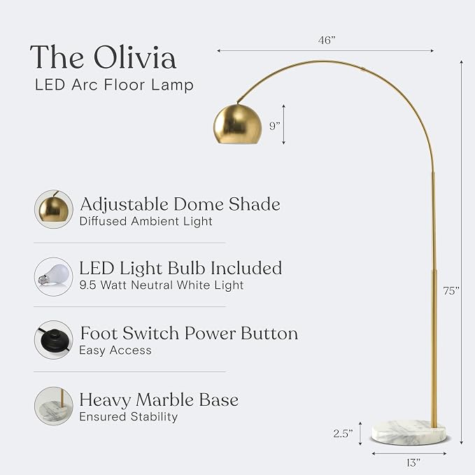 Brightech Olivia Floor Lamp - Chic Arc Lamp with Rounded Spolight Head and Marble Base for Living Room, Tall Standing Lamp with LED Light Bulb for Bedroom Reading, Boho Home Decor for Office - Brass