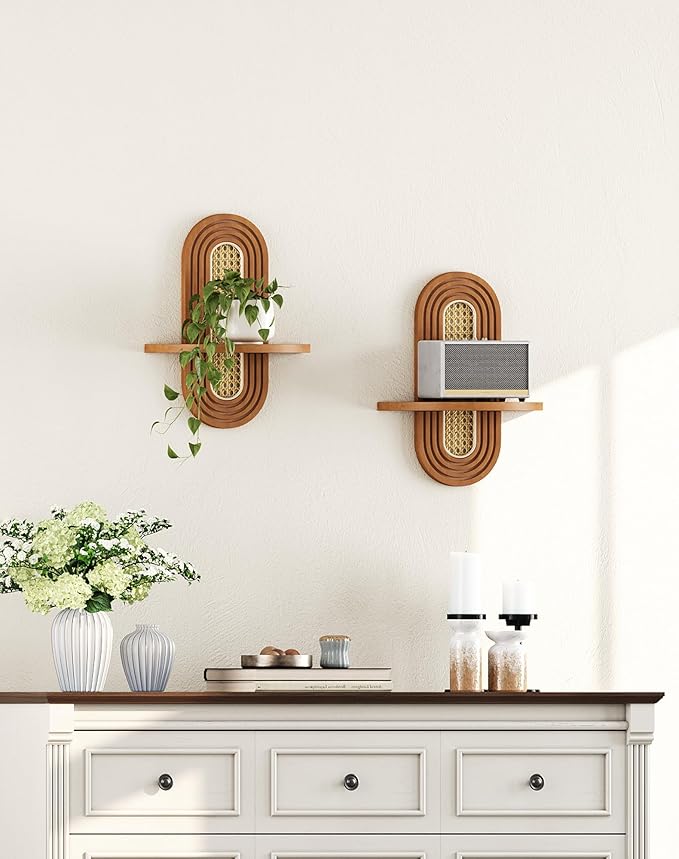 Floating Shelves for Wall, Boho Rattan Plant Shelf Set of 2, Mid Century Small Decorative Shelf Wall-Mounted, Natural Wood Shelves for Living Room,Bedroom,Nursey Room (Walnut)