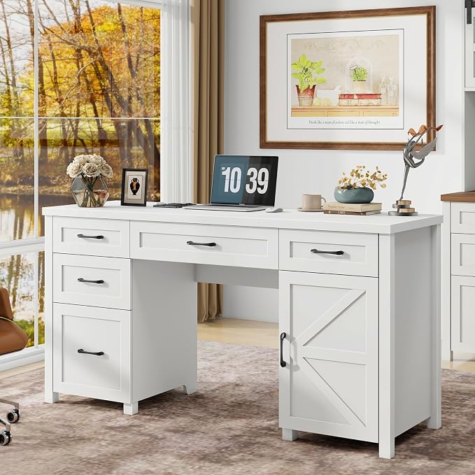 Vabches Farmhouse 61'' Executive Desk with 5 Drawers, Rustic Office Desk Computer Table with File Drawers and Storage Cabinet, Wood Workstation for Study and Home Office,(Cream White)