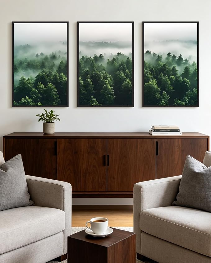 KUVIOKE Green Fog Pine Tree Framed Wall Art Nature Nordic Misty Forests Artwork Morden Painting Bedroom Decor 24x36in (Black Framed)