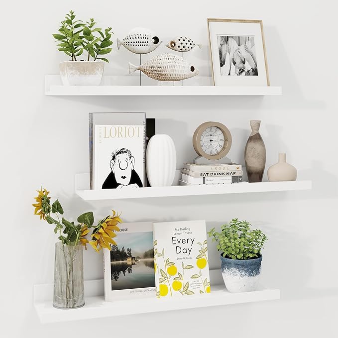 Axeman Picture Ledge Shelf | 24 Inch White Floating Shelves Set of 3 | Rustic Wood Wall Shelves with Lip | 24" White Picture Shelf for Wall with Ledge | Photo Shelves