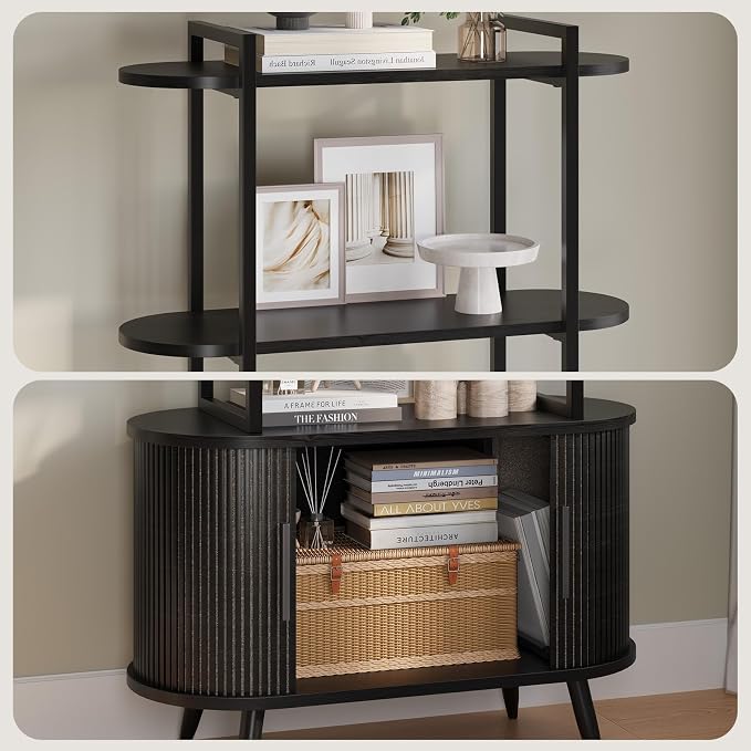Airynee 69'' Tall Bookshelf, 4-Tier Fluted Bookshelf, Storage Cabinet with Sliding Tambour Doors, Modern Bookcase with Adjustable Footpad & Metal Frame, for Living Room Home Office, Black