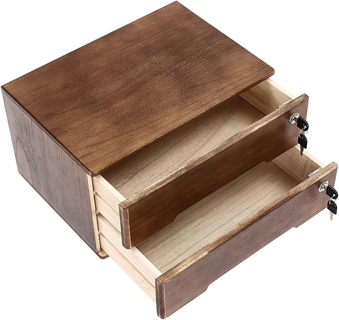 Desktop File Organizer with Lock, 2/3/4 Tier Multi-Drawer Wooden Storage Cabinet, Office Supply Organizer for Home Desk, Study & Workplace (Walnut, 2 Layers)