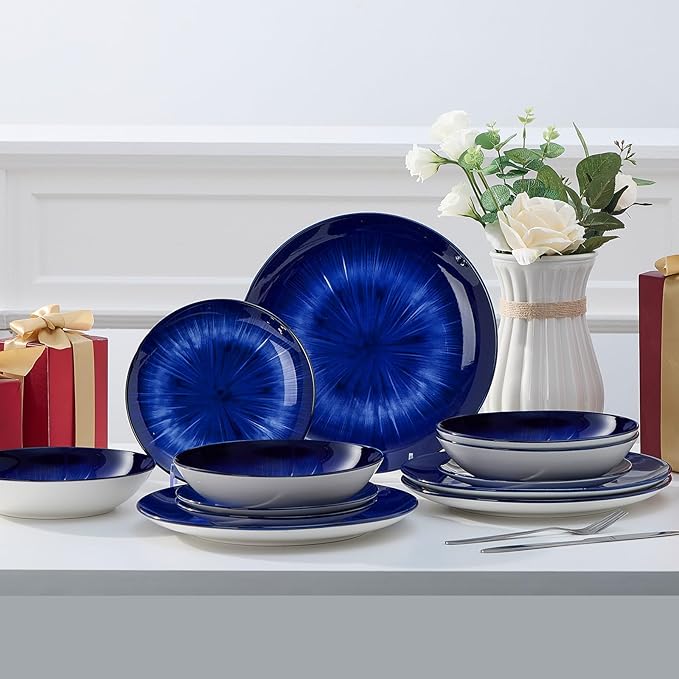 Bestone 12 Piece Round Kitchen Dinnerware Sets,Plates and Bowls sets,Dishes, Plates, Bowls, Dish Set，Plates and Bowls,Service for 4, Chip Resistant Porcelain ，Starburst Turquoise Dark Blue