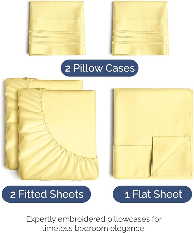 Split King Size 5 Piece Sheet Set - Comfy Breathable & Cooling Sheets - Hotel Luxury Bed Sheets for Women & Men - Deep Pockets, Easy-Fit, Soft and Wrinkle Free Sheets - Yellow Oeko-Tex Bed Sheet Set