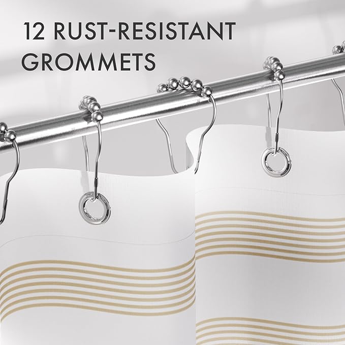 AmazerBath Shower Curtain, 72x72 Washable Cloth Neutral Light Tan Shower Curtain with 12 Hooks, Fabric Khaki and White Striped Set, Farmhouse Bathroom Shower Curtain