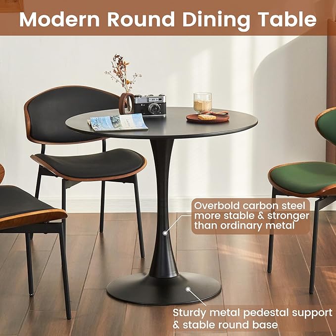 Round Dining Tulip Table for 4, Mid-Century Modern Table with Sturdy Metal Pedestal for Kitchen, Bistro, Cafe, Leisure (Black, 31.5 INCH)