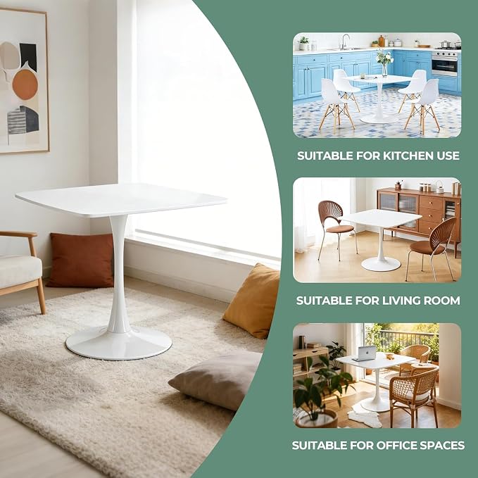 42 Inch White Square Dining Table for 4-6 Person,Mid-Century White Tulip Table Kitchen Dining Table with MDF Tabletop and Pedestal Base for Home Kitchen