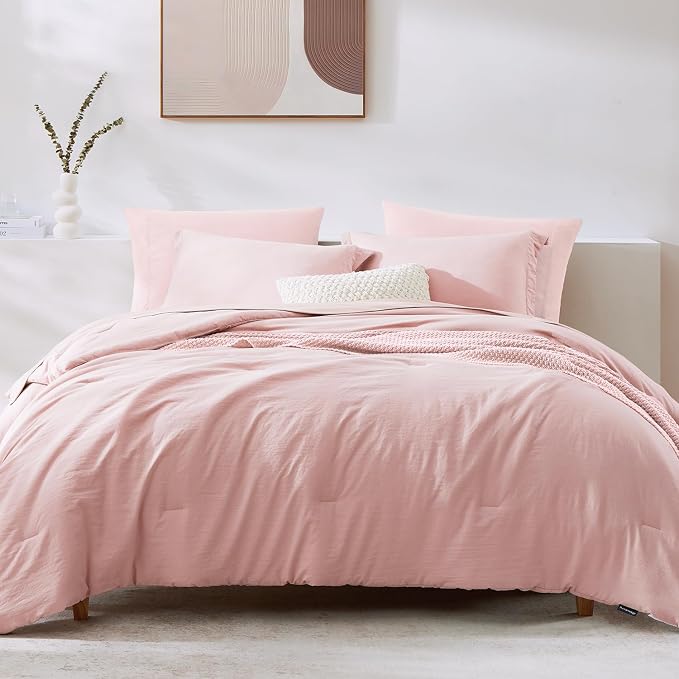 WRENSONGE Queen Comforter Set - 7 Pieces Soft Pink Soft Bed in a Bag Queen with Sheets, 2 Pillow Shams, and 2 Pillowcases- Warm Bedding Sets for All Season