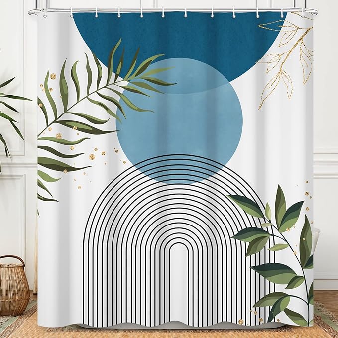 Boho Mid Century Shower Curtain, Light Blue Modern Minimalist Abstract Geometric Gold Plant Leaves Sun Arch Bathroom Curtains Waterproof Fabric Buthtub Curtain Set with Hooks 36" Wx72 L