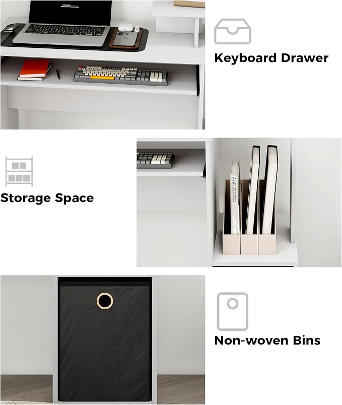 White Computer Desk with Drawers, Small Writing Desk with Storage Shelves for Home Office Bedroom Study Living Room