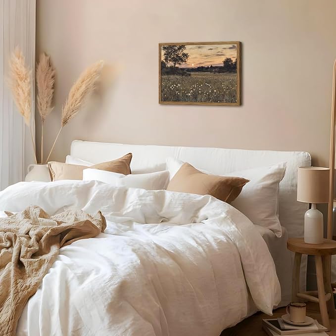 Vintage Farmhouse Wall Art, Rustic Floral Wall Decor Paintings, Twilight Firefly Artwork Painting Field Nature Landscape Canvas Prints for Bedroom Living Room 16x24 inch Wood Framed