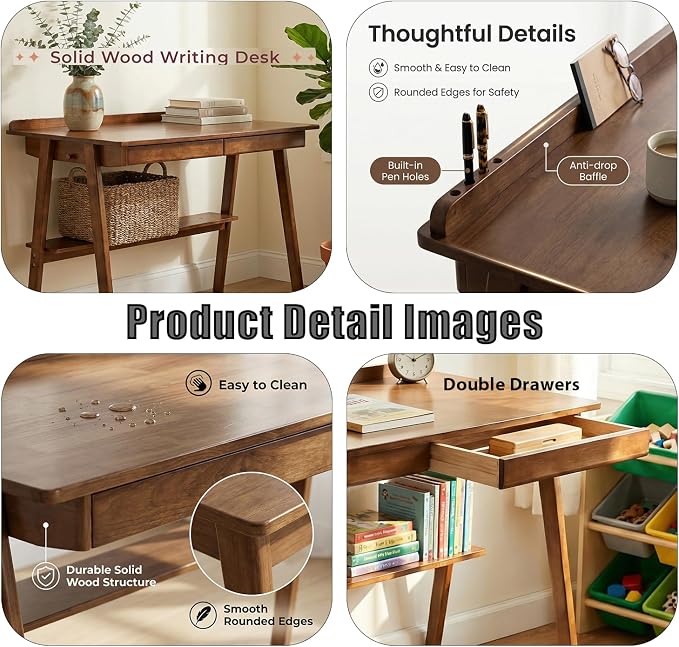 Wooden Writing Desk with Drawers, Small Solid Wood Desk, Mid Century Modern Desk with Storage Shelf & Side Hooks for Small Spaces/Study/Bedroom/Office (Walnut)
