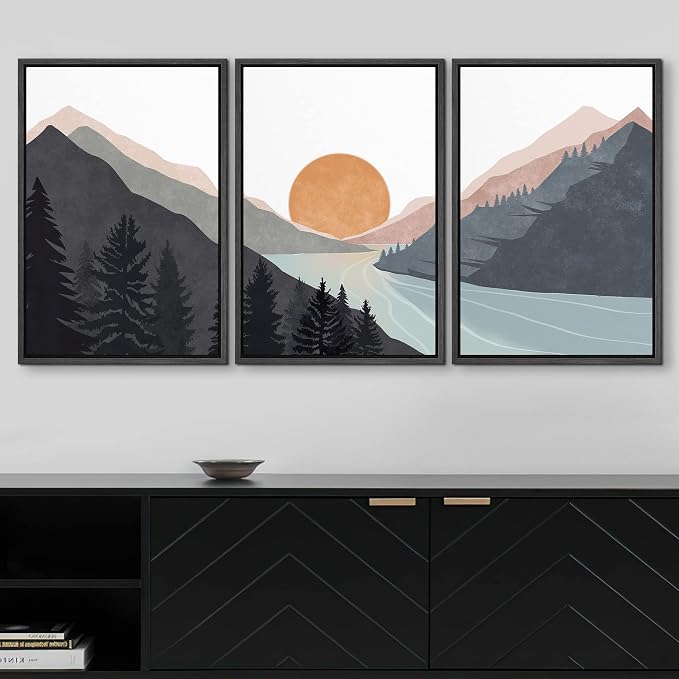 wall26 Framed Canvas Print Wall Art Set Mountain Range Sunlight Horizon Abstract Nature Illustrations Modern Art Nordic Decorative Minimal Boho for Living Room, Bedroom, Office - 24"x36"x3 Black