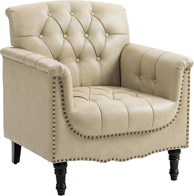 Faux Leather Accent Chairs Set of 2, Comfy Club Chair Upholstered Armchair for Living Room, Button Tufted Arm Chair Retro Single Sofa Side Reding Seat for Bedroom - Beige